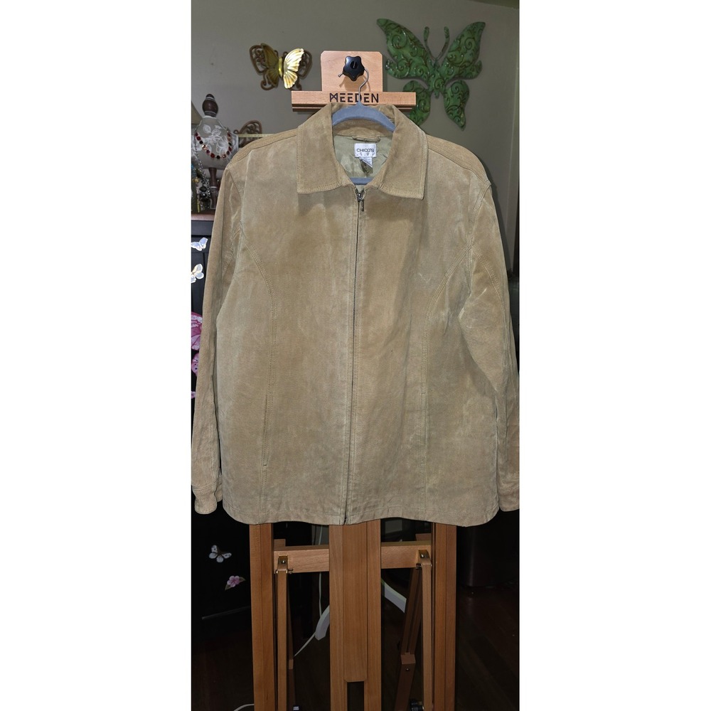 Chicos Tan Suede Leather Jacket Womens Size 3 Large Zip Front Camel Coat